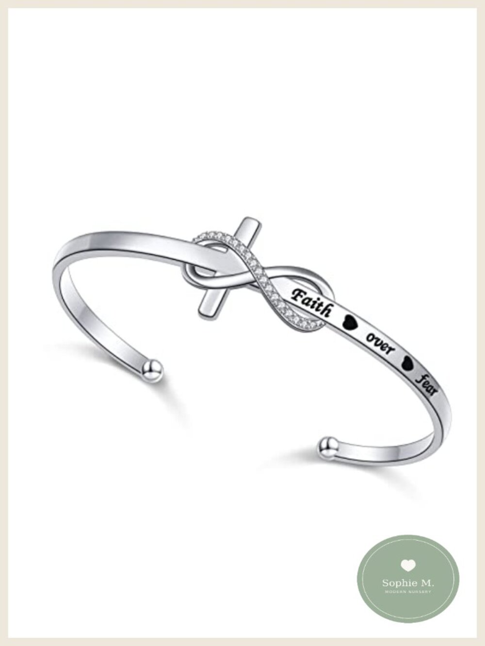 925 Sterling Silver Faith Over Fear Cuff Bracelet Engraved Heart Infinity Cross